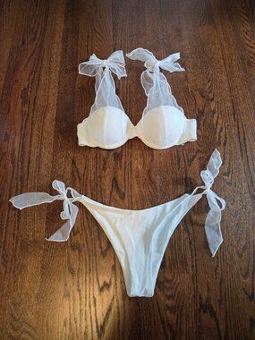 New White Cheeky Bikini with Bows, Size Small